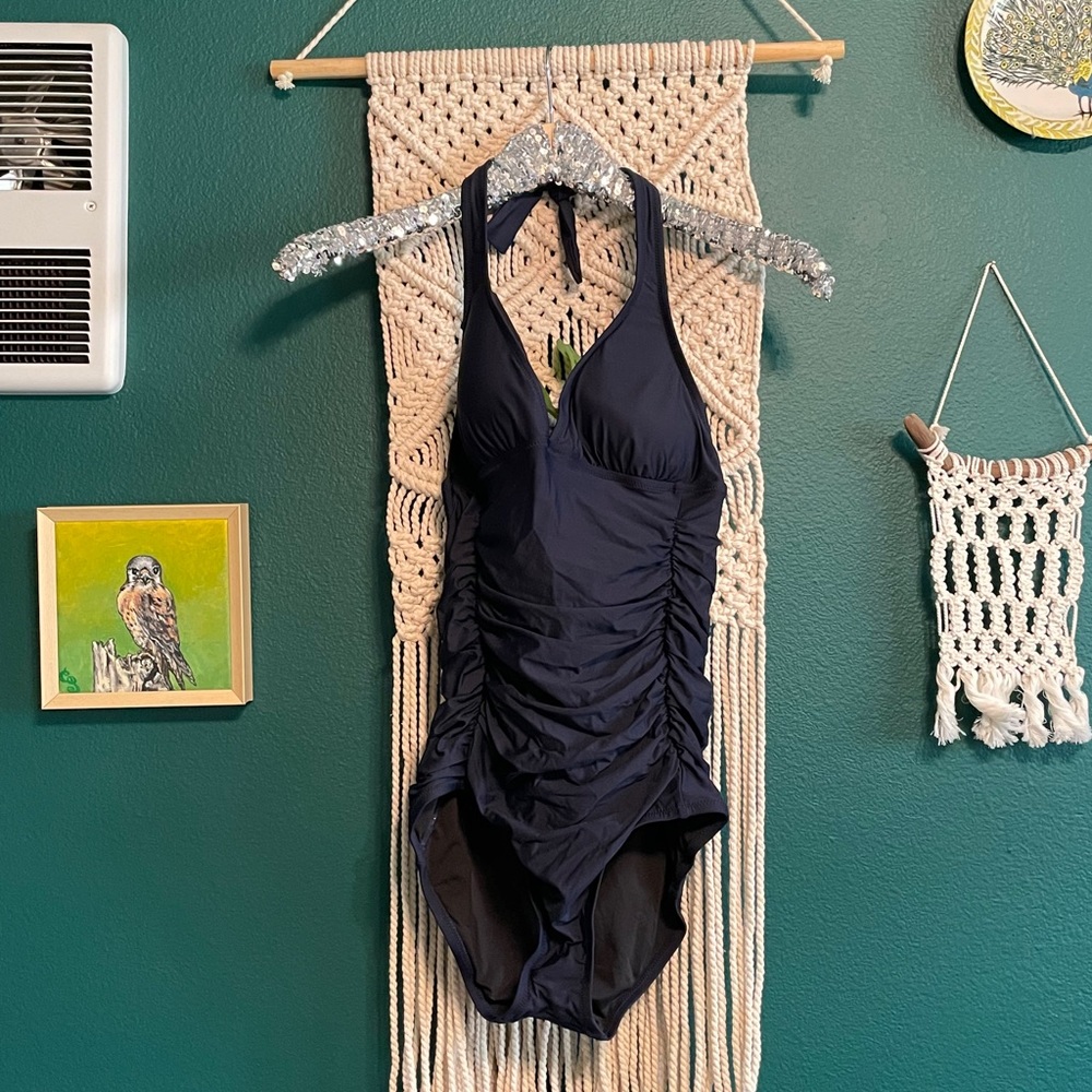 J. Crew navy ruched halter maillot swimsuit NWT
